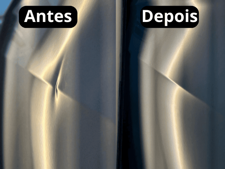 Antes e depois da recuperação de lataria amassada, sem repintura, na oficina Edson Martelinho no bairro Seminário.