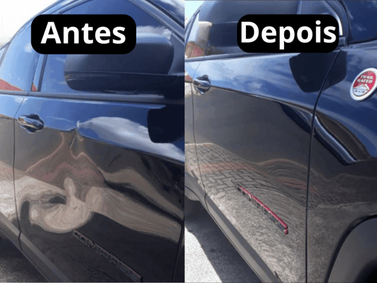Antes e depois de remoção de amassado complexo e grande em porta de carro preto, preservando a pintura original de fábrica em Santa Catarina com a técnica de martelinho de ouro.