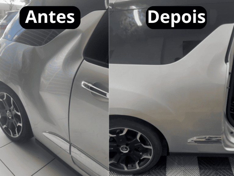 Antes e depois de reparo de grande batida na lateral de veículo prata usando técnica avançada de martelinho de ouro PDR em Chapecó.